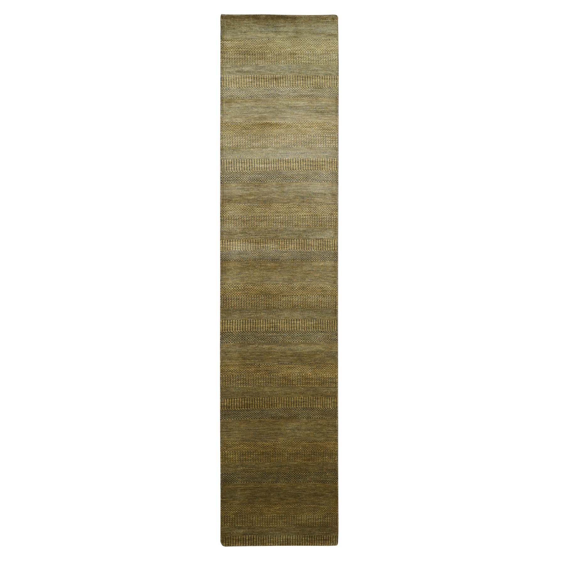 2'8"x12'3" Shades of Brown, Modern Grass Design, Hand Knotted, Denser Weave, Wool and Silk, Soft Pile, Runner, Oriental Rug 